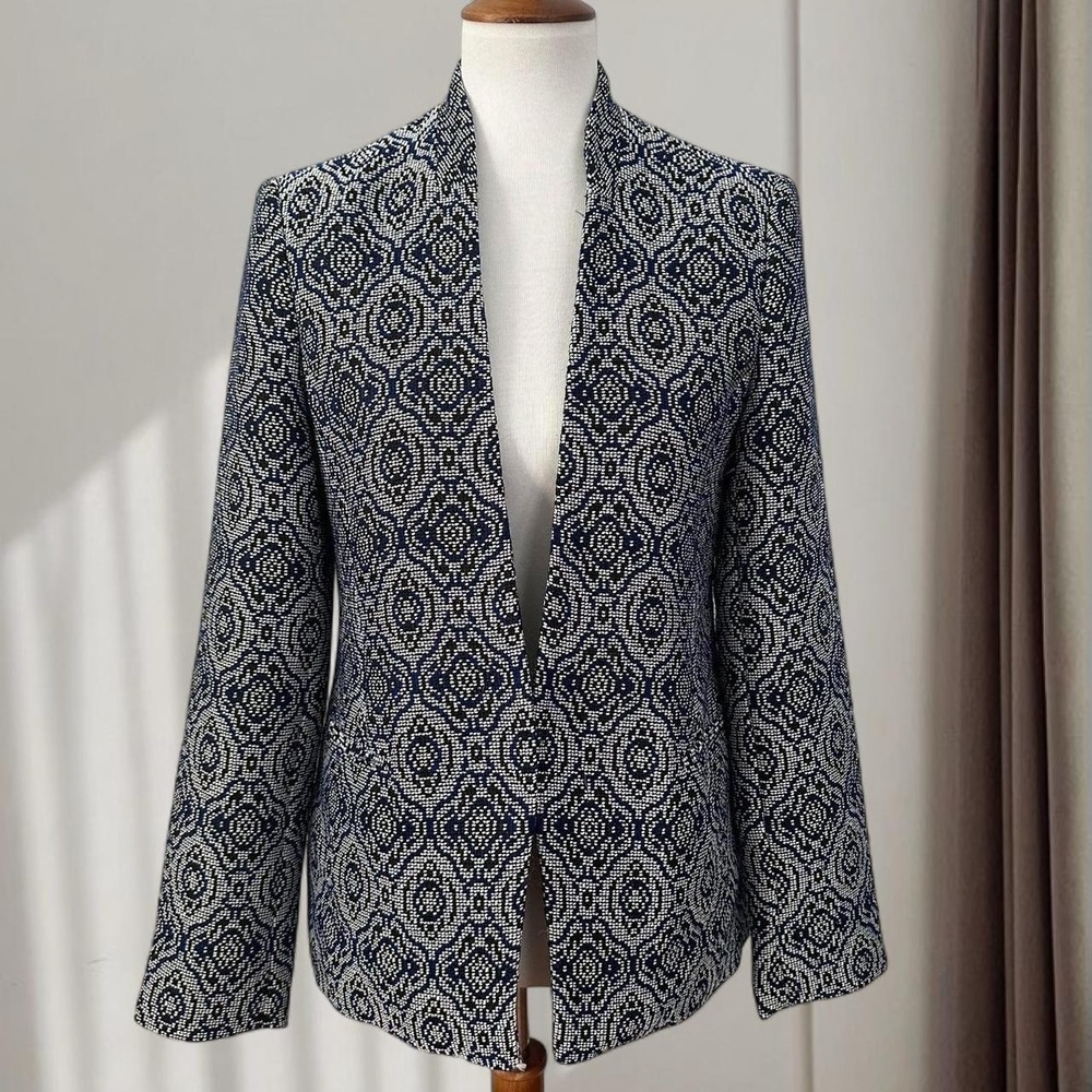Banana Republic Navy White Geometric Jacquard Open Front Blazer Jacket 6